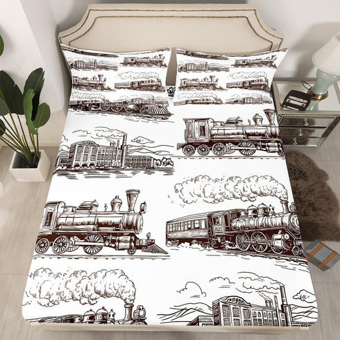 Set 3pcs 2 Manfei Train Kids Fitted Sheet Queen Size, Retro Steam Locomotive Train Bedding for Boys Girls Room Decor