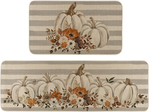 Fall Pumpkins with Flowers Kitchen Rugs, Set of 2, Autumn Harvest Thanksgiving Home Decor Mats