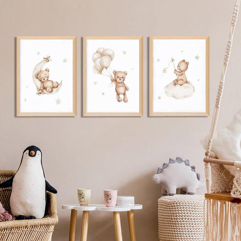 Set 3, 12x16 inch Framed Teddy Bear Wall Art Nursery Decor of Bear Sleeping on The Moon and Stars Pictures Canvas