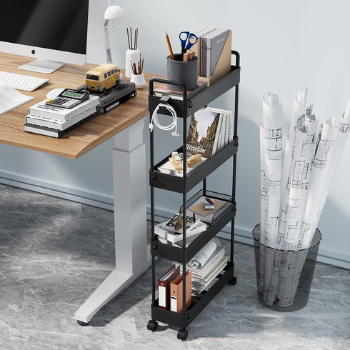 SOLEJAZZ 4 Tier Slim Storage Cart, Mobile Bathroom Organizer, Rolling Utility Cart, Black