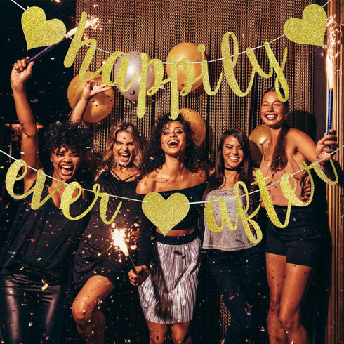 Happily Ever After Banner Gold Glitter for Bachelorette Party, Bridal Shower, Wedding Engagement Decorations