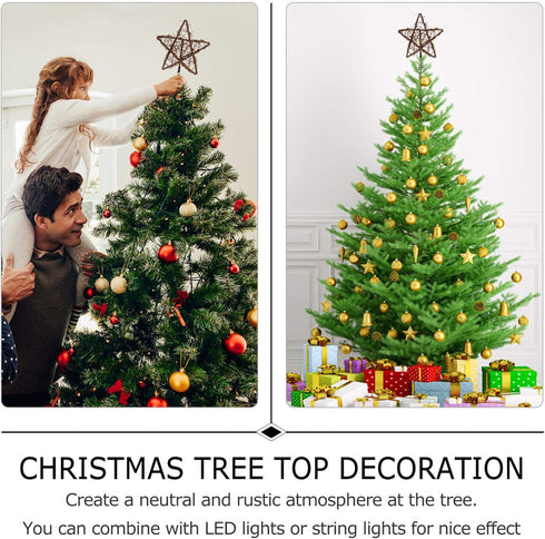 Rustic Christmas Tree Topper, Rattan Natural Star Hollowed-Out Star Ornaments with Coil Base for Holiday Decor