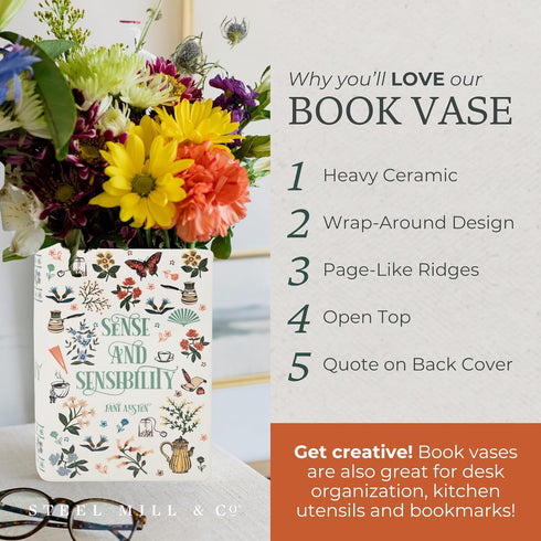 Steel Mill & Co Original Large Book-Shaped Decorative Vase, Ceramic Vases for Home Decor, Cute Bookshelf Decor, Unique