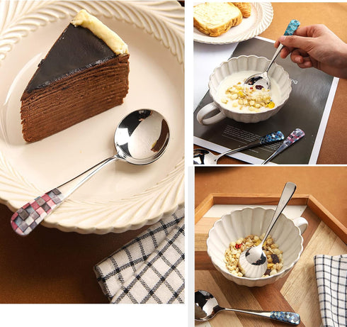 6pcs Round Head Soup Spoons, 6.22inch Fashion Printing Pattern Tablespoon, 18/10 Stainless Steel Korean Spoons