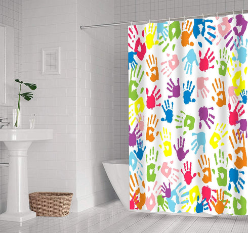 Handprint Bathroom Curtain, Watercolor Rainbow Color, Washable Polyester Fabric Shower Curtain, 72 X 72 Inches