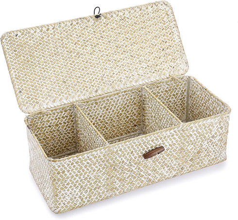 Hipiwe Seagrass Storage Basket Bin, Hand-Woven Wicker Basket with Lid for Organizing Bathroom Supplies
