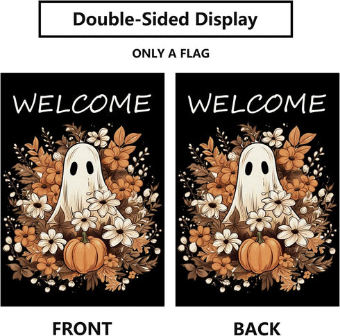 Welcome Fall Garden Flag Ghost Pumpkin 12×18 Inch Double Sided Burlap Flag for Outdoor Halloween Decor