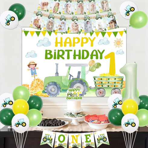 TWO WILD 1st Tractor Birthday Decorations for Boy Green Tractor Banner Backdrop High Chair Banner Cake Toppers Tractor