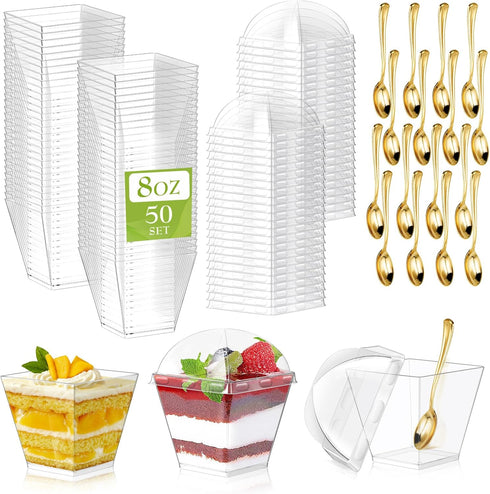 150 Pack 8oz Square Plastic Dessert Cups with Dome Lids and Mini