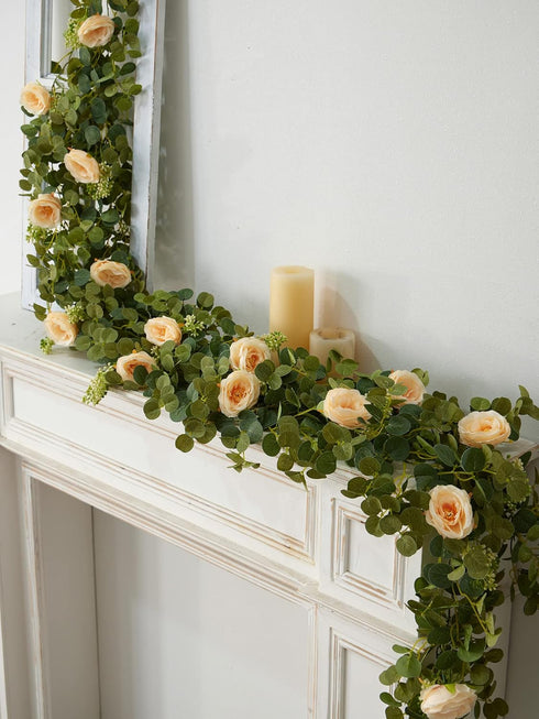 PARTY JOY 6.56ft Eucalyptus Garland with 8 Champagne Roses, Lush Floral Greenery for Party Wedding Decor