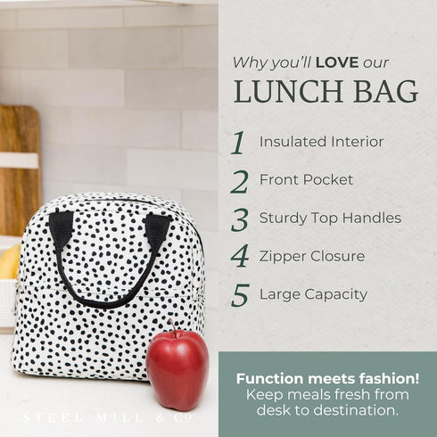 Steel Mill & Co Insulated Lunch Tote Bag for Women, Large Capacity Cooler Lunch Box (Black Dots)