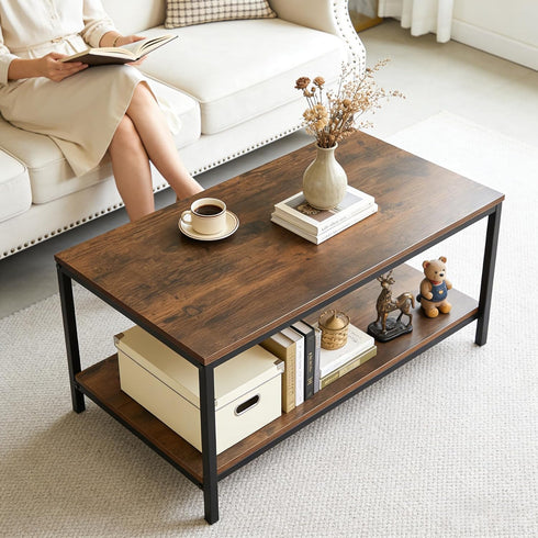 2-Tier SUPER DEAL Industrial Coffee Table with Storage Shelf for Small Apartment Living Room, Rectangle Wood and Stable