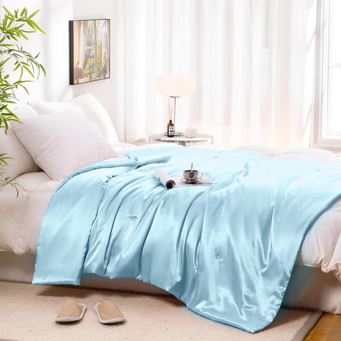 60x80 Inches, Vonty Satin Throw - Baby Blue Satin Blanket, Cooling & Silky, Wrinkle-Free Cable Knit for Couch, Sofa