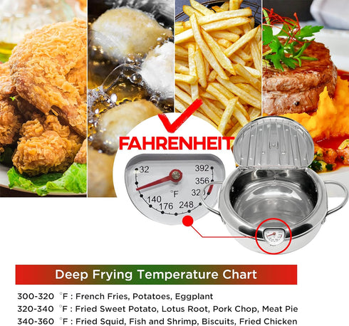 Japanese Tempura Small Deep Fryer Pot with Fahrenheit Thermometer, 304 Stainless Steel for Chips, Fries, Fish