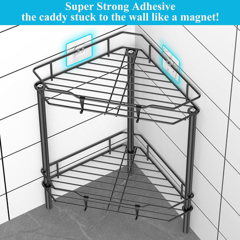 HuggieGems 2 Tier Floor Standing Corner Shower Caddy Organizer Shelf with Hooks, Bathroom Shelves Stand Rack, Matt