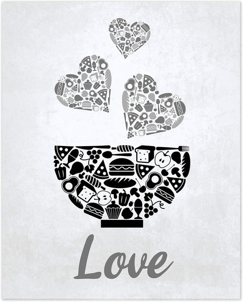 Black Grey White Mosaic Vintage Kitchen Wall Art, Eat Drink Love Wine Coffee Hearts Prints for Rustic Home