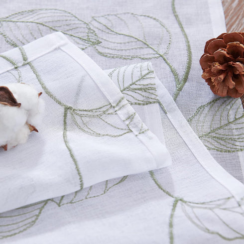 Topick White Sheer Kitchen Curtains with Sage Green Leaf Embroidery, 36 Inch Rod Pocket, 2 Panels for Short Windows