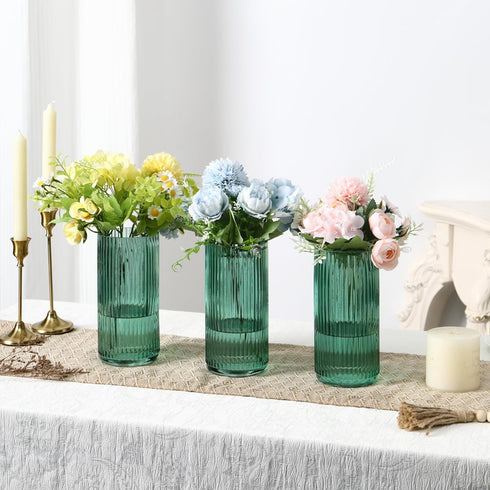Set 3, 8 Inches Green Glass Vases, Flower Vases of Ribbed Glass Vase for Tulips, Tall Cylinder Glass Vases for Living