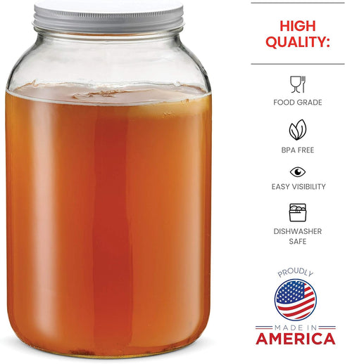 2 Pack 1 Gallon Glass Jar With Lid - Large Airtight Metal Lids, BPA-Free, Wide Mouth Sun Tea Jar for Storage