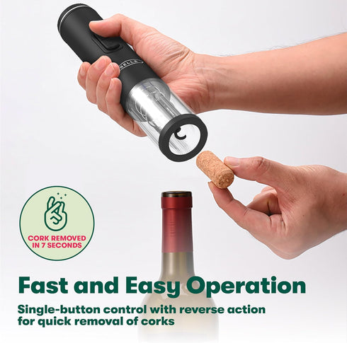 bella Automatic Electric Wine Opener and Corkscrew Remover with Foil Cutter, Battery Operated, Black