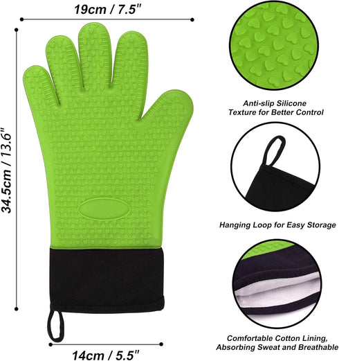uxcell Silicone Oven Mitts, Heat Resistant Gloves, Non-Slip Grip, Kitchen Hand Protection, Green, 1 Pair