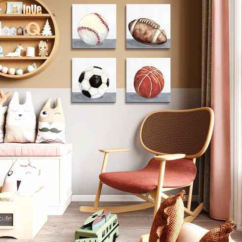 12x12" 4 Boys Room Wall Decor Sports Decor for Boys Bedroom Rustic Soccer Football Baseball Basketball Canvas Pictures