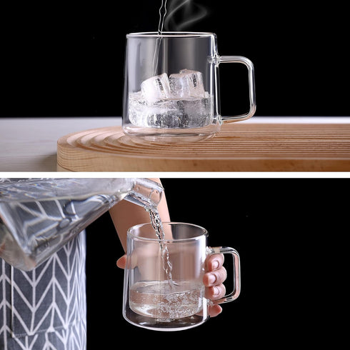 12oz Bag,Set 4 CNGLASS Glass Coffee Mugs,Double Wall Insulated Glass Cups with Handle,Clear Espresso Mugs