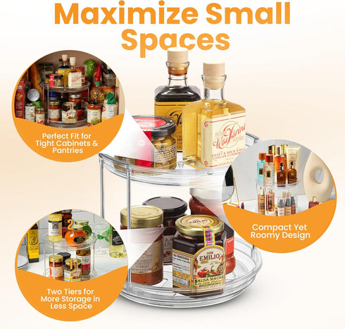 Oizeir 2 Countertop, Tier Lazy Susan Organizer for Cabinet, Clear Acrylic Rotating Spice Rack Turntable for Kitchen