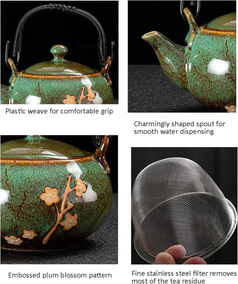 Set, Set, 1 6 Set(FDMH-GREEN) KEYDUACU Japanese Tea Kiln-Formed Ceramic Tea Plum Blossom Embossed, Includes Teapot