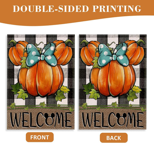 Welcome Fall Pumpkin Decorative House Flag, Autumn Thanksgiving Buffalo Plaid Check Garden Yard Decor