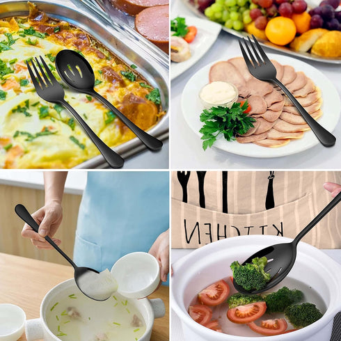 Homikit Stainless Steel Serving Utensils, 2 Black Serving Spoons, 2 Slotted Spoons, 2 Forks, Dishwasher Safe
