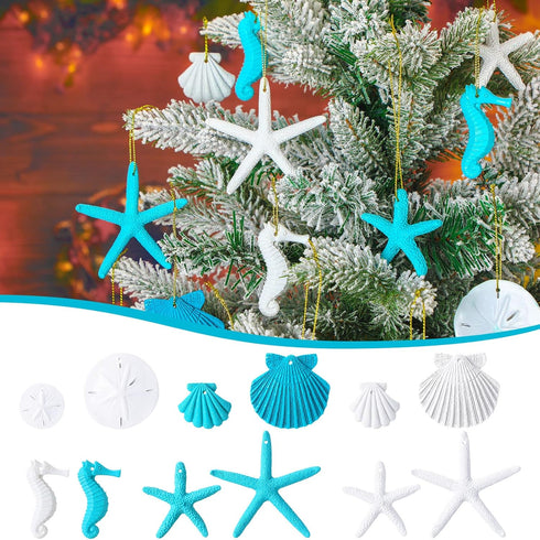 Jetec 26 Pcs Beach Ocean Themed Christmas Ornaments, Bulk Resin Starfish & Seashell Decorative Nautical Ornaments for