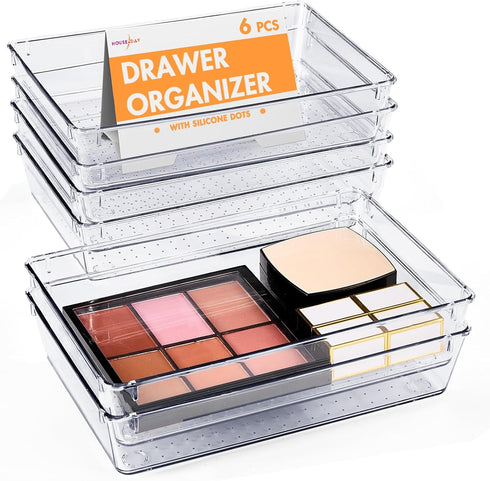 HOUSE DAY 6 PCS Desk Drawer Organizer Bins, Clear 9*6*2" Non-Slip Plastic Organizers for Makeup, Office