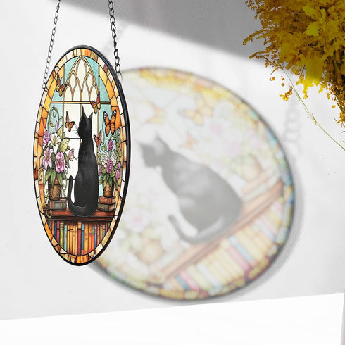 FIVITY 7.8" Black Cat Suncatcher Stained Glass Window Hanging Bookshelf Sun Catchers Book Lover Ornament Wall Art Home