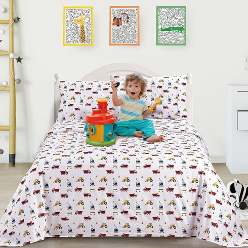 Set 3Pcs, Softan Bed Linen for Kids, Twin Size, Microfiber, Trucks Design, Deep Pocket