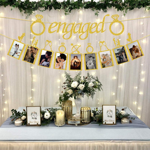 Engagement Wedding Decorations, Gold Engaged Banner and Photo Banner with Romantic Memories Picture Card Frames