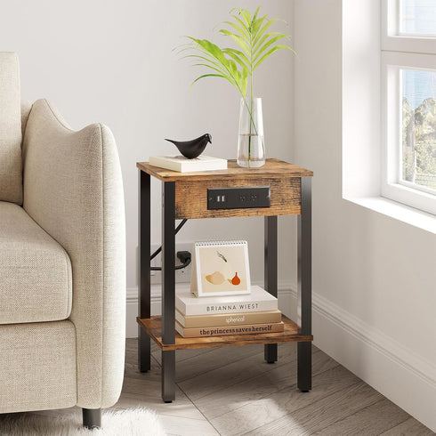 MMEOLUOOK 2-Tier MLBZ14RE End Table with Charging Station, Nightstand with Storage Shelf,Modern Side Table,Bedside