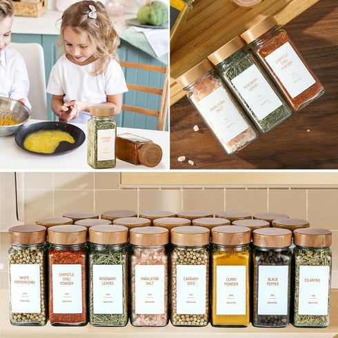 TESUNMU Label4oz (24) Spice Jars with Seasoning Containers, Glass Spice Bottles with Shaker Lids,Funnel, Chalk Pen
