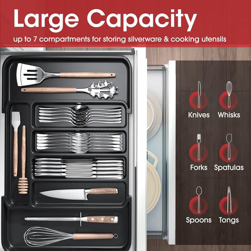 AUJEN Silverware Organizer - Expandable Kitchen Drawer Organizer, Adjustable Utensil Organizer for Forks, Knives, Black