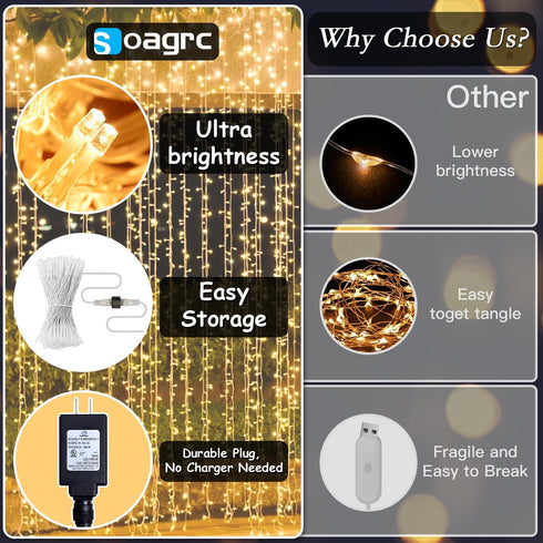200 9.8 6.6FT 8 LED Curtain String Lights * Plug in Fairy with Timer and Modes, Waterproof Window Wall for Bedroom