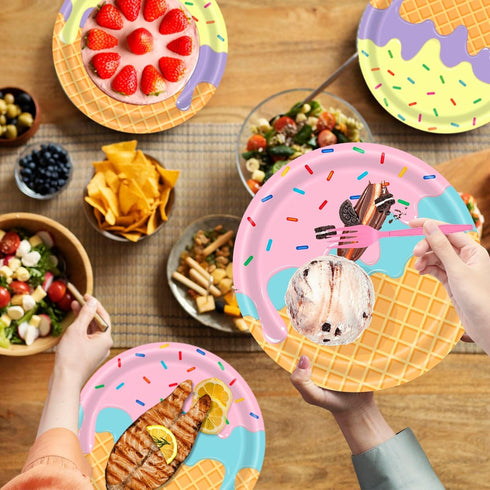 Bzhouyy 121pcs Summer 24 Ice Cream Party Supplies Kit, Includes Ice Cream Themed Plates Cups Napkins Cutlery Touchdown