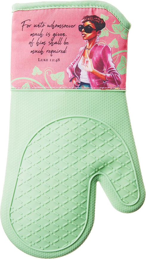 African American Expressions Pink and Green Mitt Set, Oven Mitt 7"x13"/Pot Holder 7"x9" Silicone Set