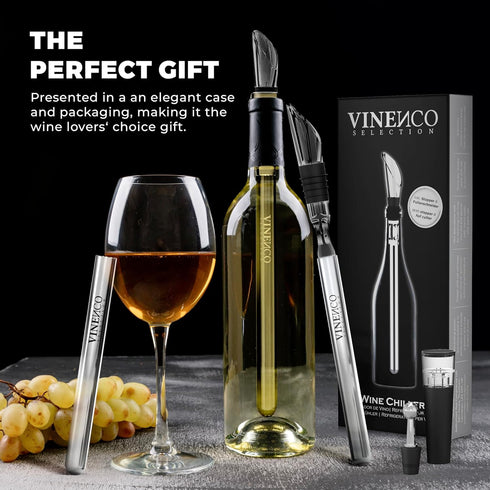 Wine Chiller Set with 2 Chill Rods + Foil Cutter - Premium 3in1 Stainless Steel Bottle Cooler Stick, Decanting Aerator