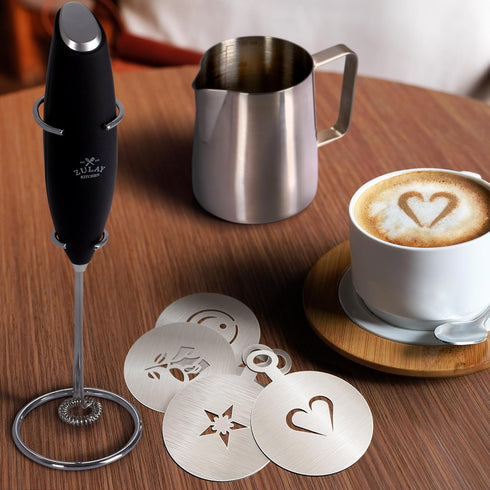 Zulay Kitchen Milk Frother Set, Latte Art Coffee Kit with Handheld Frother, Stainless Steel Pitcher & Coffee Art