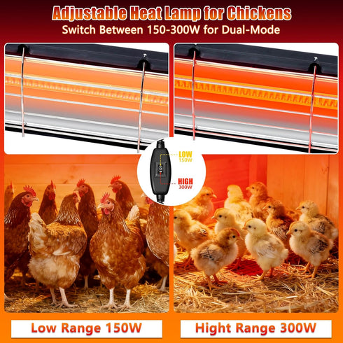 17.5 Inch 300W 10000H Extra Long Heat Lamp for Chickens, Carbon Fiber Chicken Coop Heater for Winter, Adjustable Temp