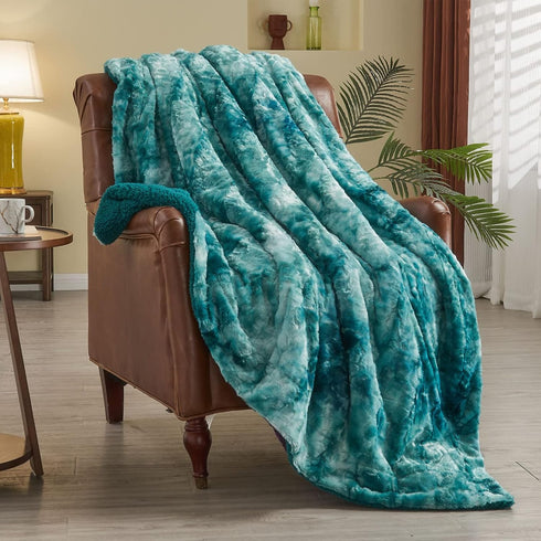 Twin(60"x80")) NEWCOSPLAY Super Soft Faux Fur Blanket Twin Size Tie-dye Light Teal Sherpa Fuzzy Plush Warm Blanket