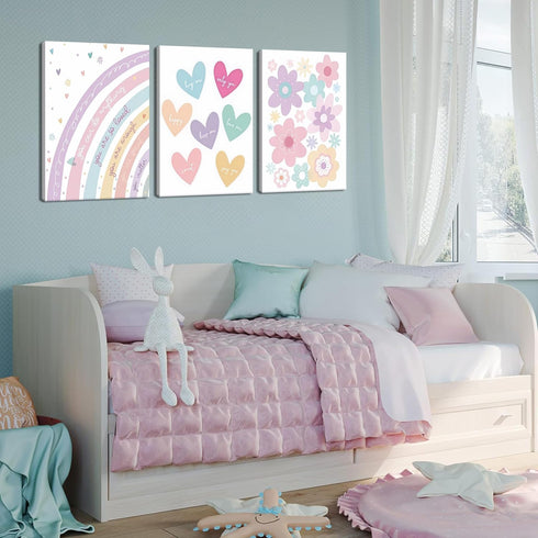 3 12x16in Pieces Nursery Boho Wall Art, Framed Cartoon Rainbow Canvas Prints, Colorful Heart Wall Decor, Cute Flower