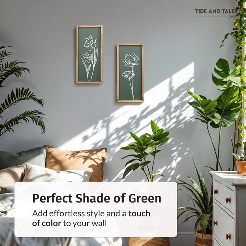 3D (Set 2) Floral Green Wall Art of Lightweight, Wooden Ready-to-Hang Boho Framed Wall Art for Bathroom, Bedroom