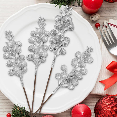 24 Pack 9 Inches 15 (24, 9 Inch) Glitter Artificial Berry Stems, Berries per Stem, Christmas Tree Picks Ornaments, DIY