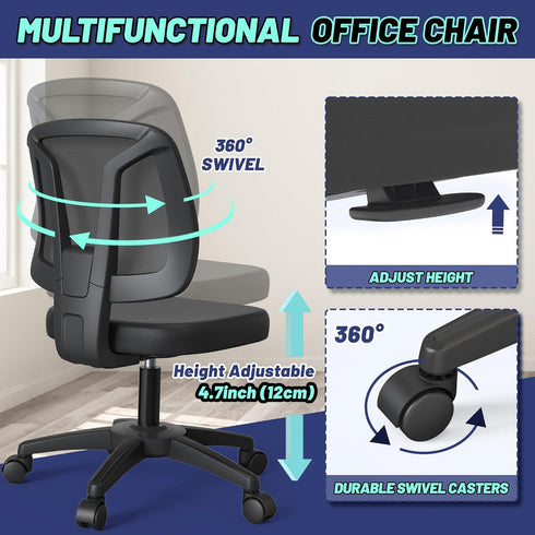 KIZECK Armless Office Desk Chair No Arms with Back Support Rolling Wheels for Home Study Work